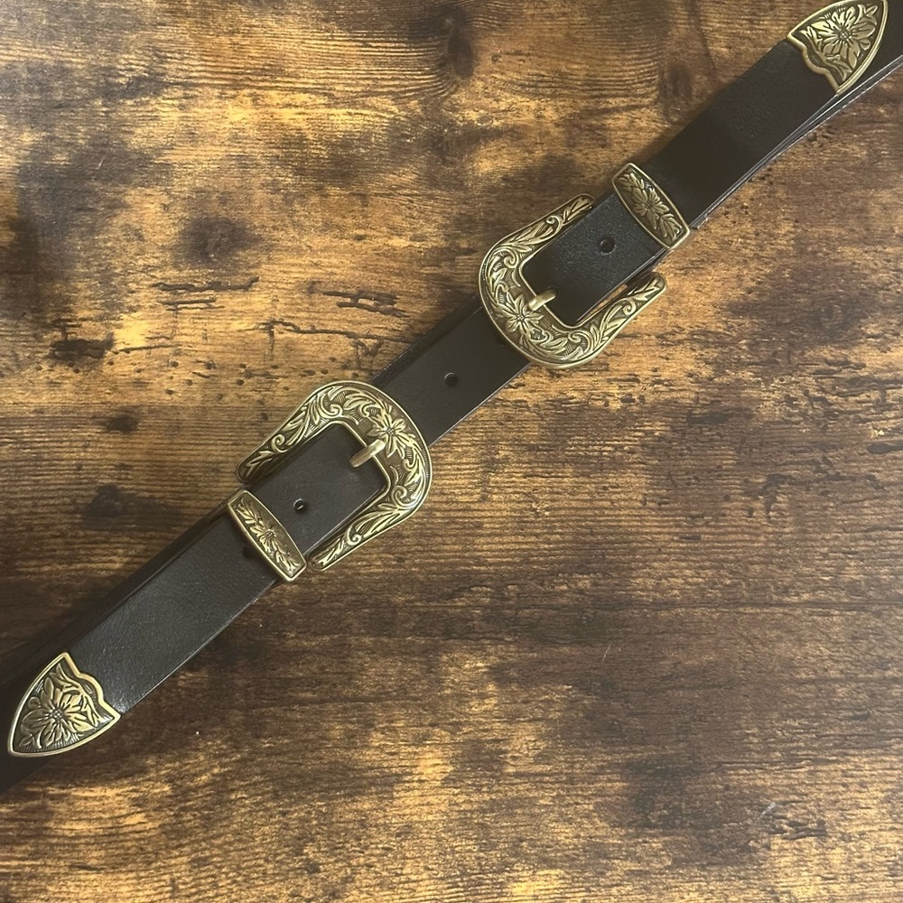 Western Vintage Style Genuine Leather Belt with Two Buckles